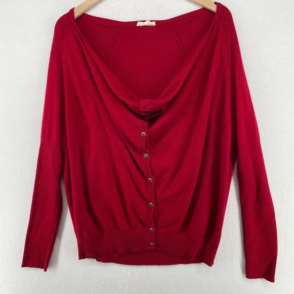 EILEEN FISHER Sweater M Organic Cotton Cardigan Draped Cowl Button Front Red - Picture 1 of 11